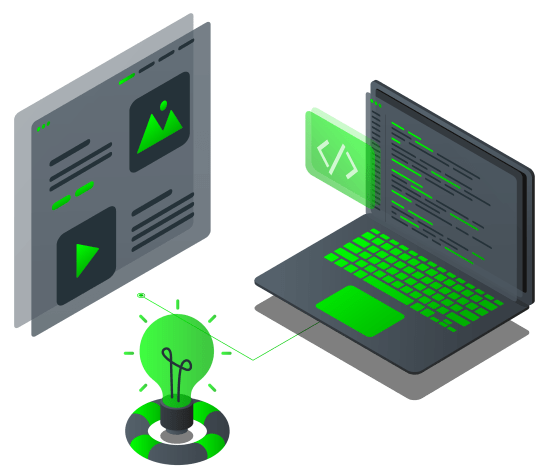 Two digital screens with code and graphics connected to a lightbulb symbol, representing ideas or innovation, on a black background.