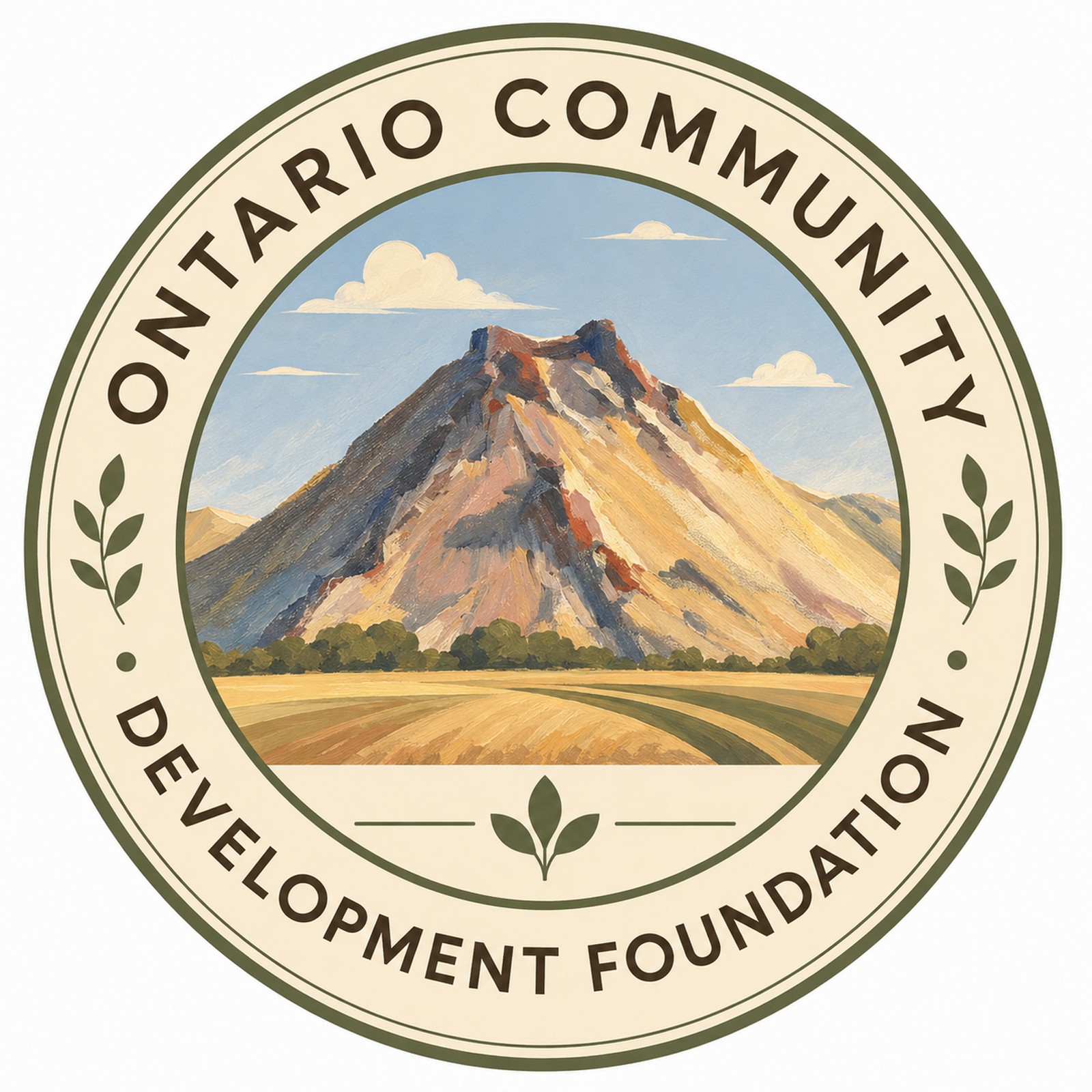 A mountain with a flat top, surrounded by fields and a blue sky with clouds, in a circular emblem.