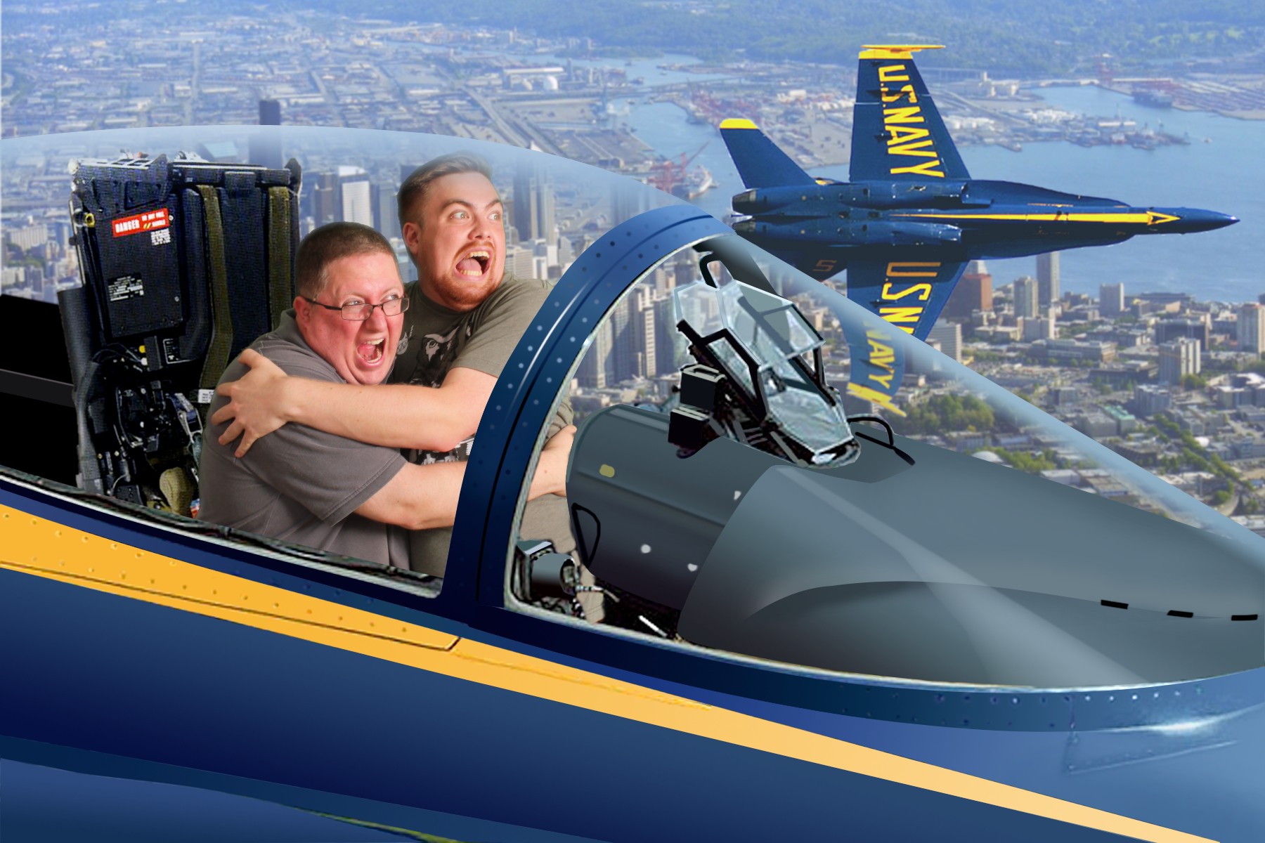 Two people in a jet cockpit with a cityscape and a plane in the background, both appear excited or surprised.