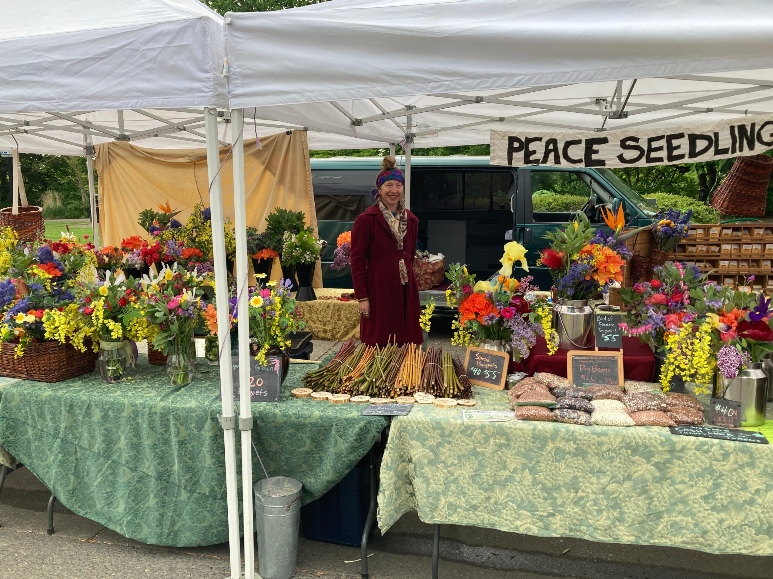 Vendor standing behind tables with colorful flowers and Peace Seedling sign at outdoor market, under a white canopy.