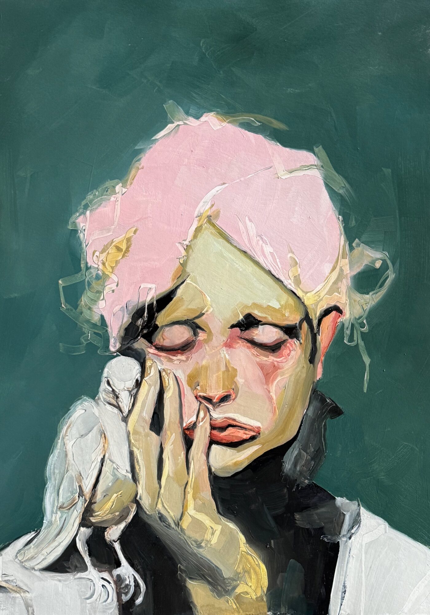 A painting of a woman with pink hair holding a small bird near her face, eyes closed, with a dark green background.