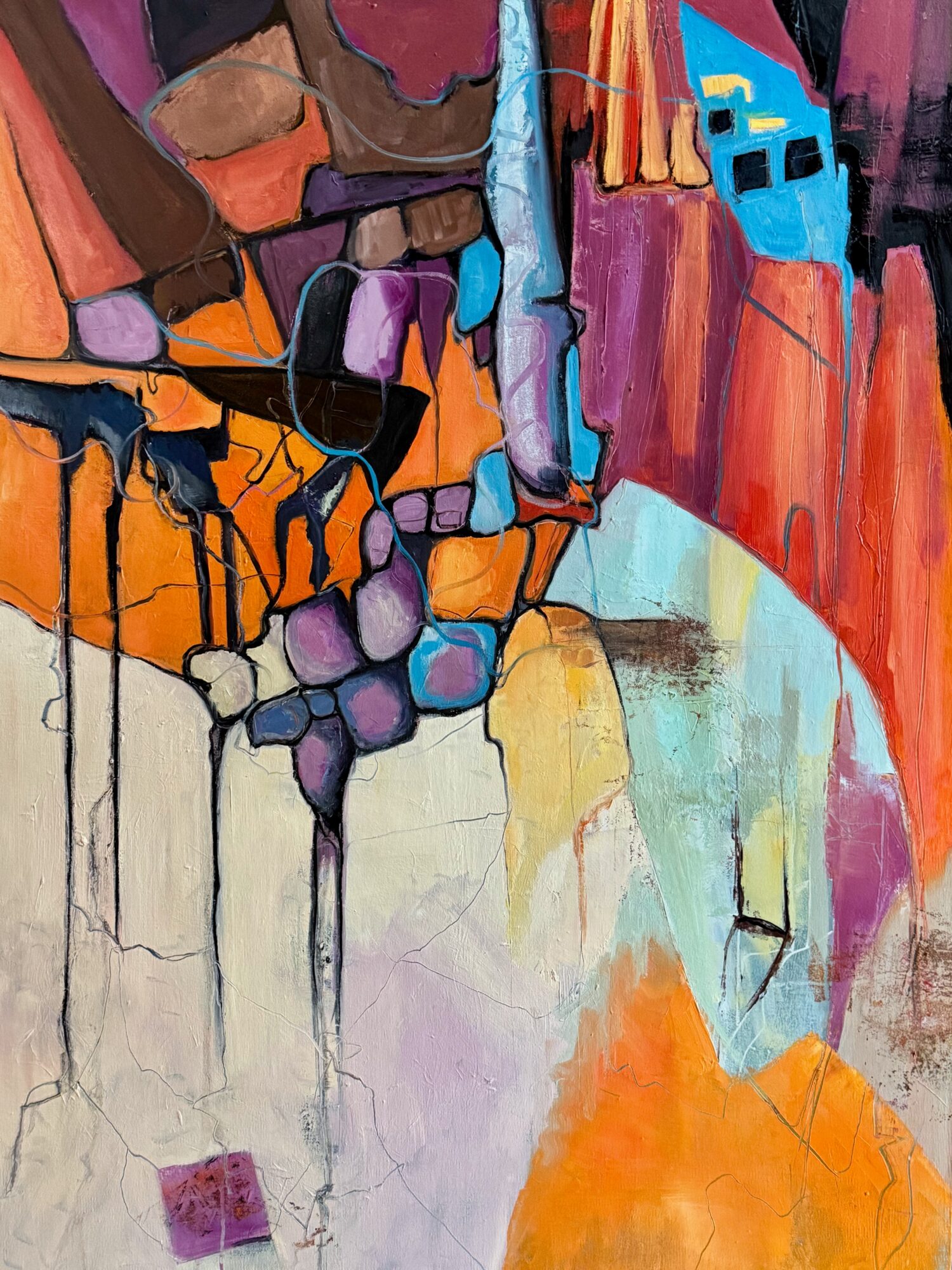 Abstract colorful painting with shapes and lines, featuring orange, purple, blue, and red hues, with some black and white accents.