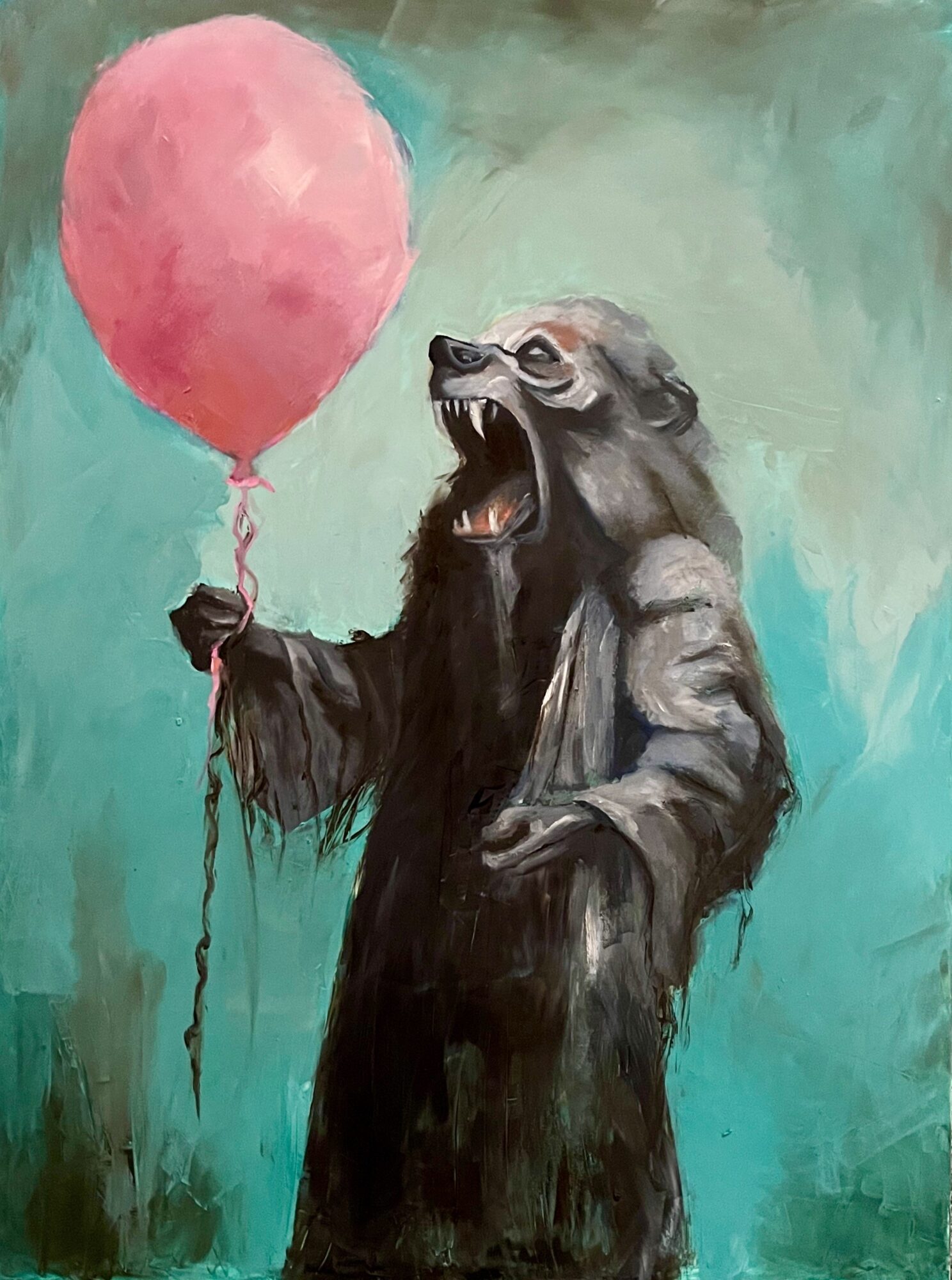 A painted creature with the body of a human and the face of a raccoon, holding a pink balloon, against a green background.