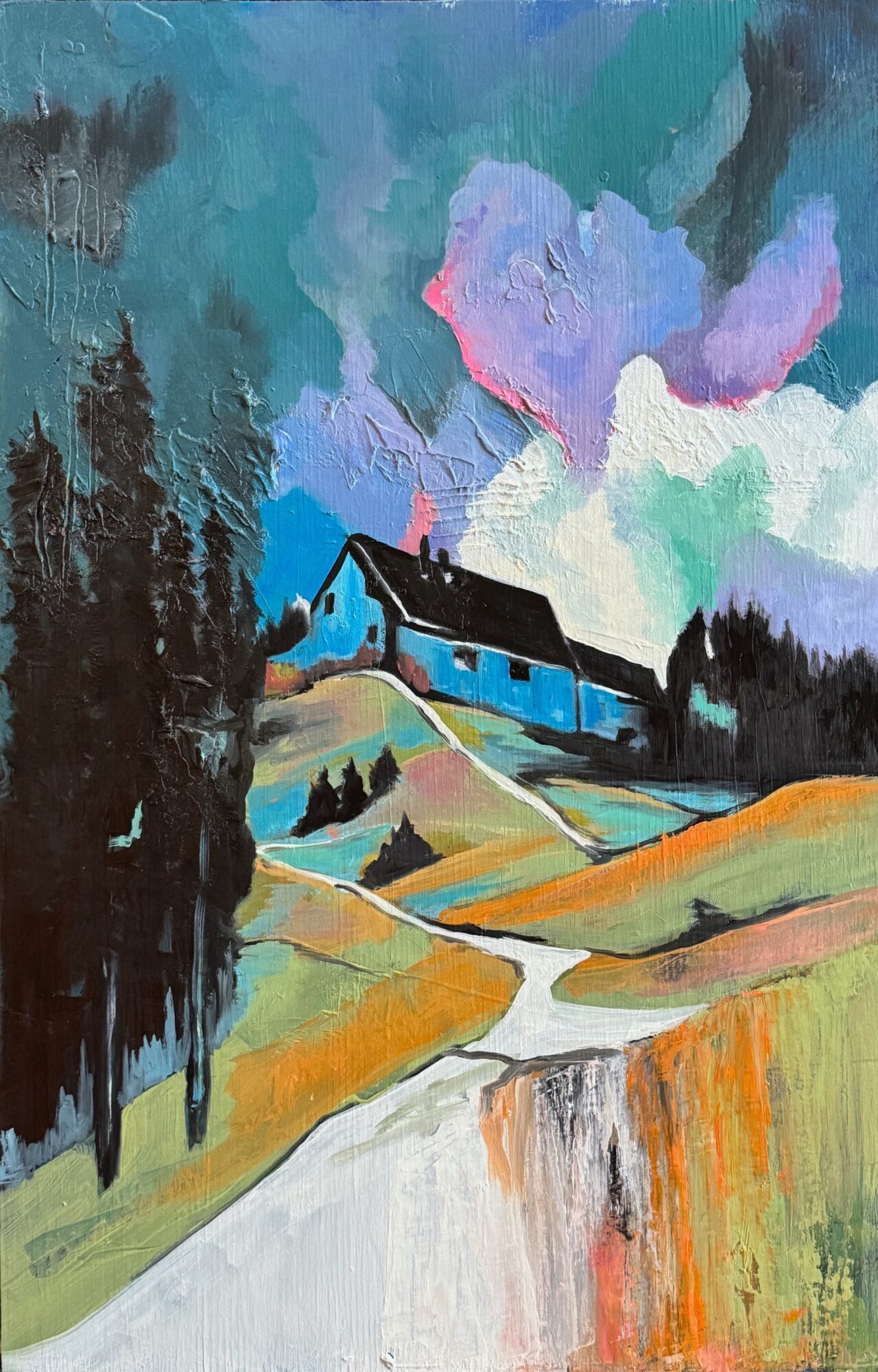 Landscape with a house, trees, hills, and a cloudy sky, painted in vibrant colors and abstract style.