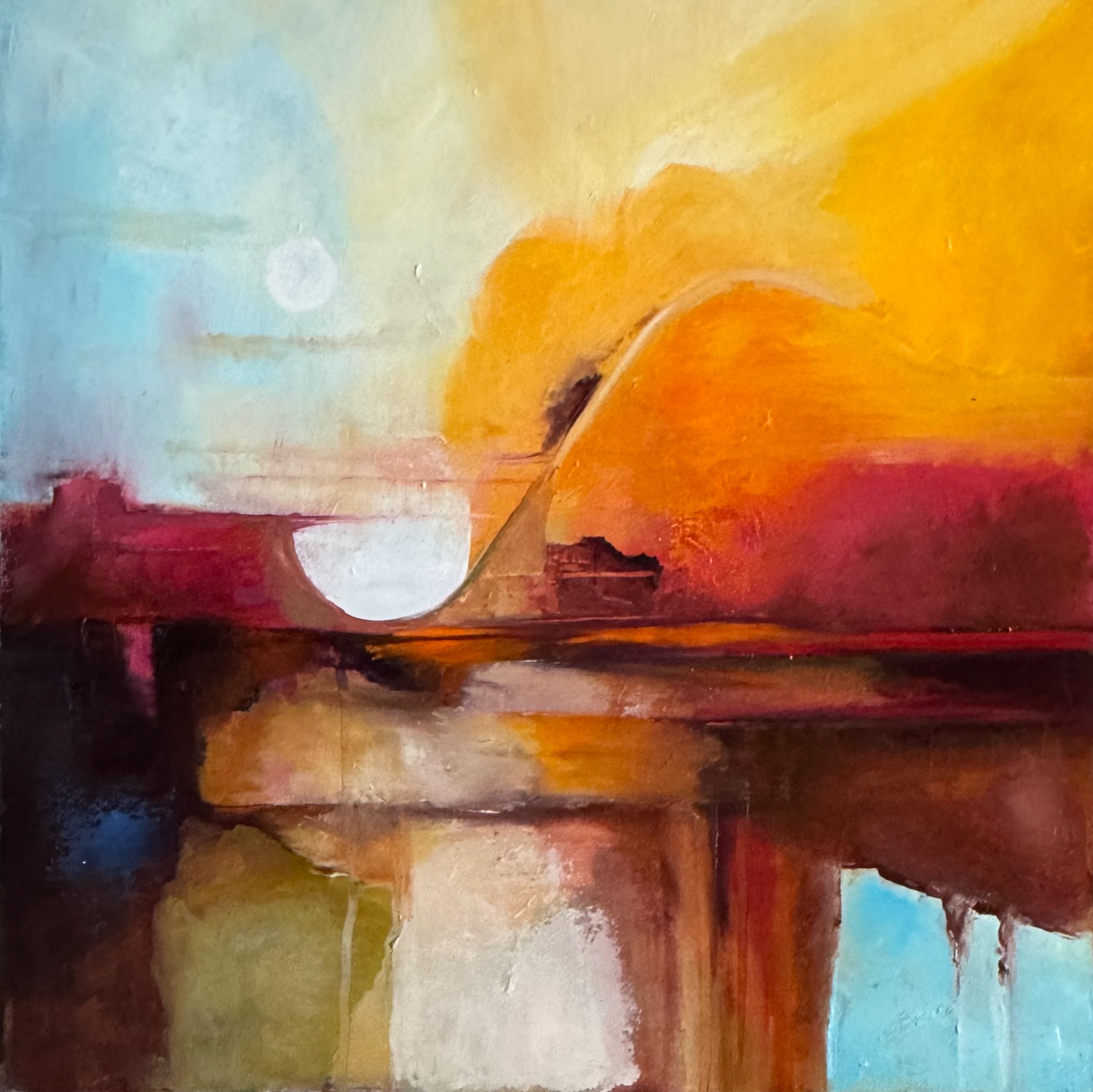 Abstract landscape with a large orange sun, blue sky, and reflections on water, using warm and cool colors.