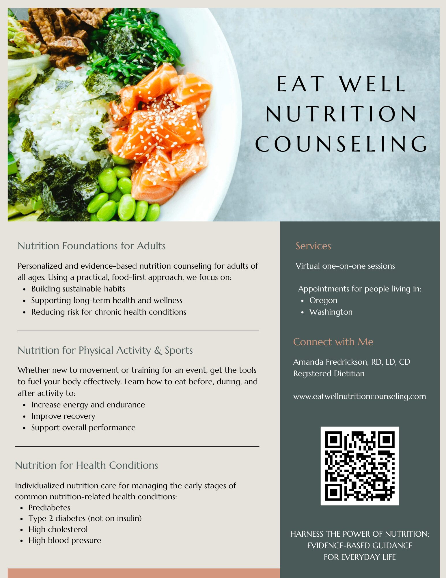 A plate with vegetables and salmon, with text about nutrition counseling and services on a light blue background.