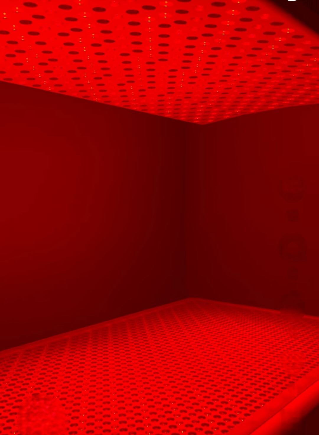 Red room with perforated ceiling and floor, and plain red walls, no visible objects or people.