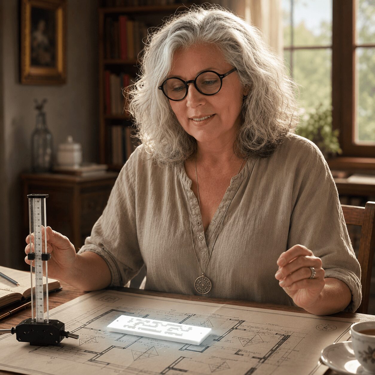 Older woman with gray hair and glasses sits at a table with architectural plans, smiling, in a cozy room with bookshelves and window.