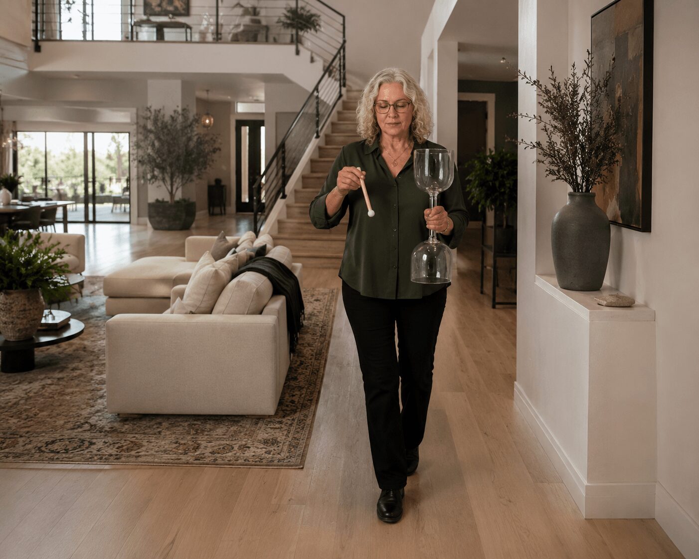 Woman with gray hair and glasses walks through a modern living room holding a glass decanter and a glass, with plants and furniture around.