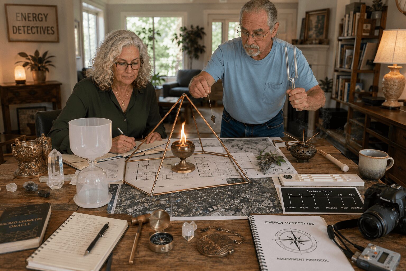 Two people conduct a science experiment with a pyramid structure and a flame on a table in a cozy room.
