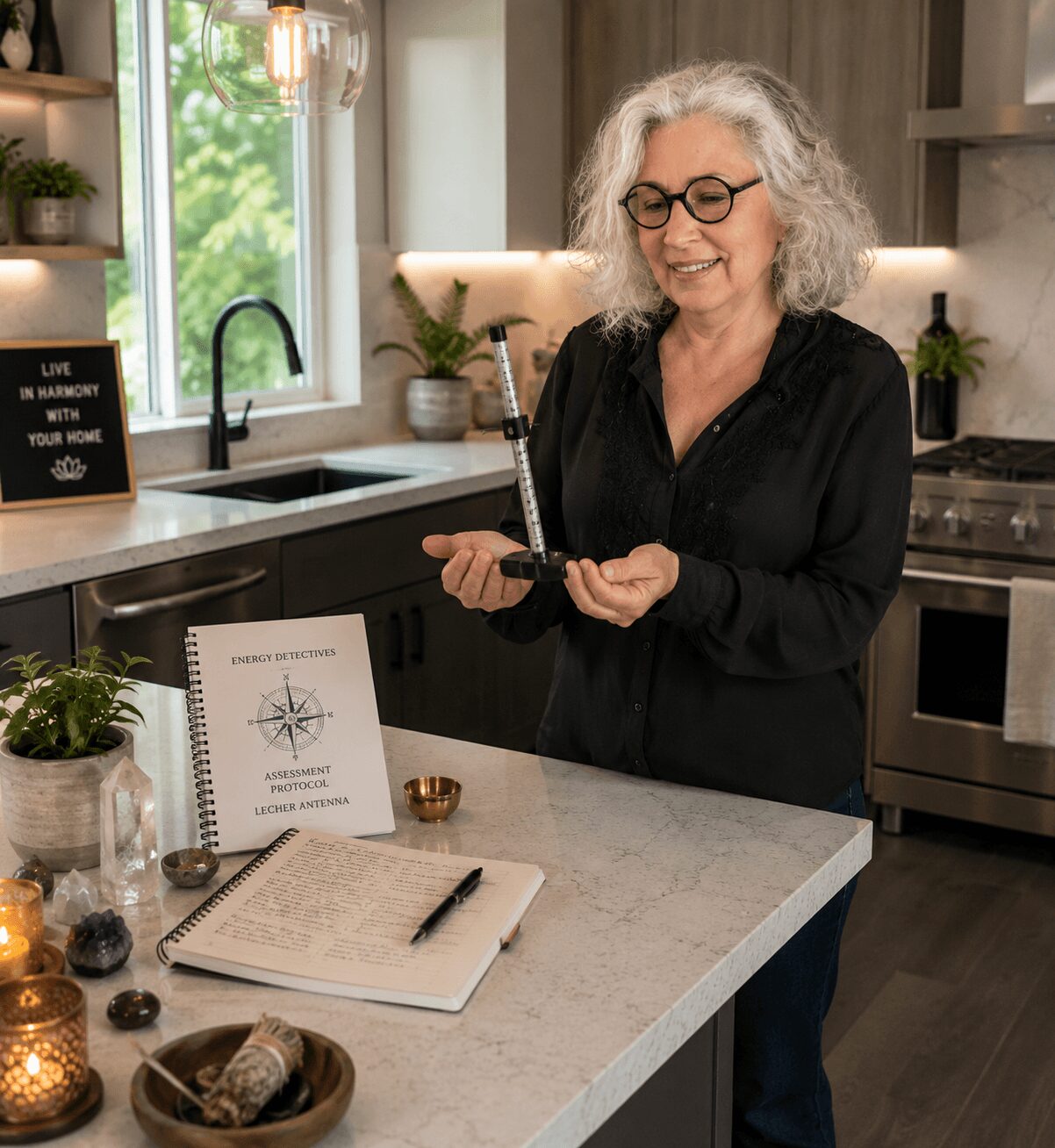 Older woman with gray hair and glasses smiling in a modern kitchen, holding a small object, with a notebook and plants nearby.