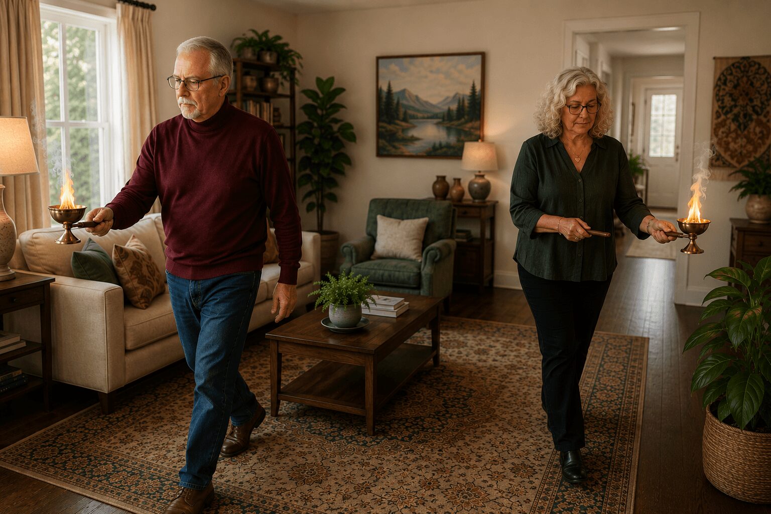 Two older adults walk through a living room with furniture, plants, and artwork, holding candles in their hands.