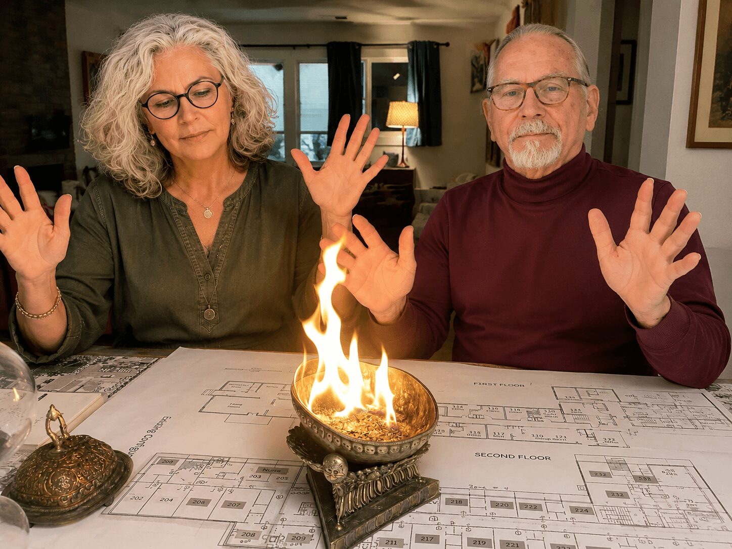 Two older adults with glasses sit at a table with a lit fire bowl, raising their hands, in a room with curtains and artwork.