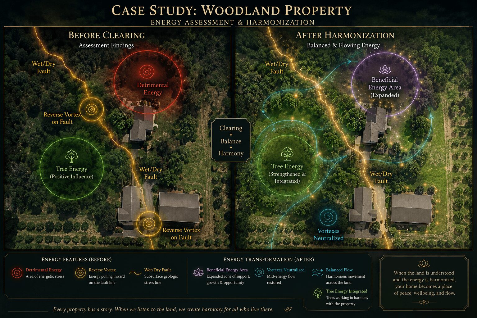 Before and after images of woodland property energy assessment, showing landscape changes and energy features, with labels and descriptions.