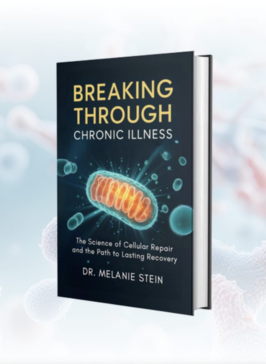 Book cover titled 'Breaking Through Chronic Illness' with an illustration of a mitochondrion, background of cells, and subtitle about cellular repair.