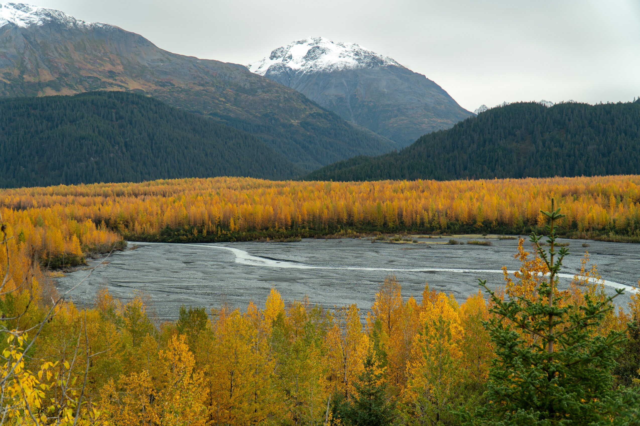 Mountain range with snow-capped peak, forest, and a river in autumn colors.