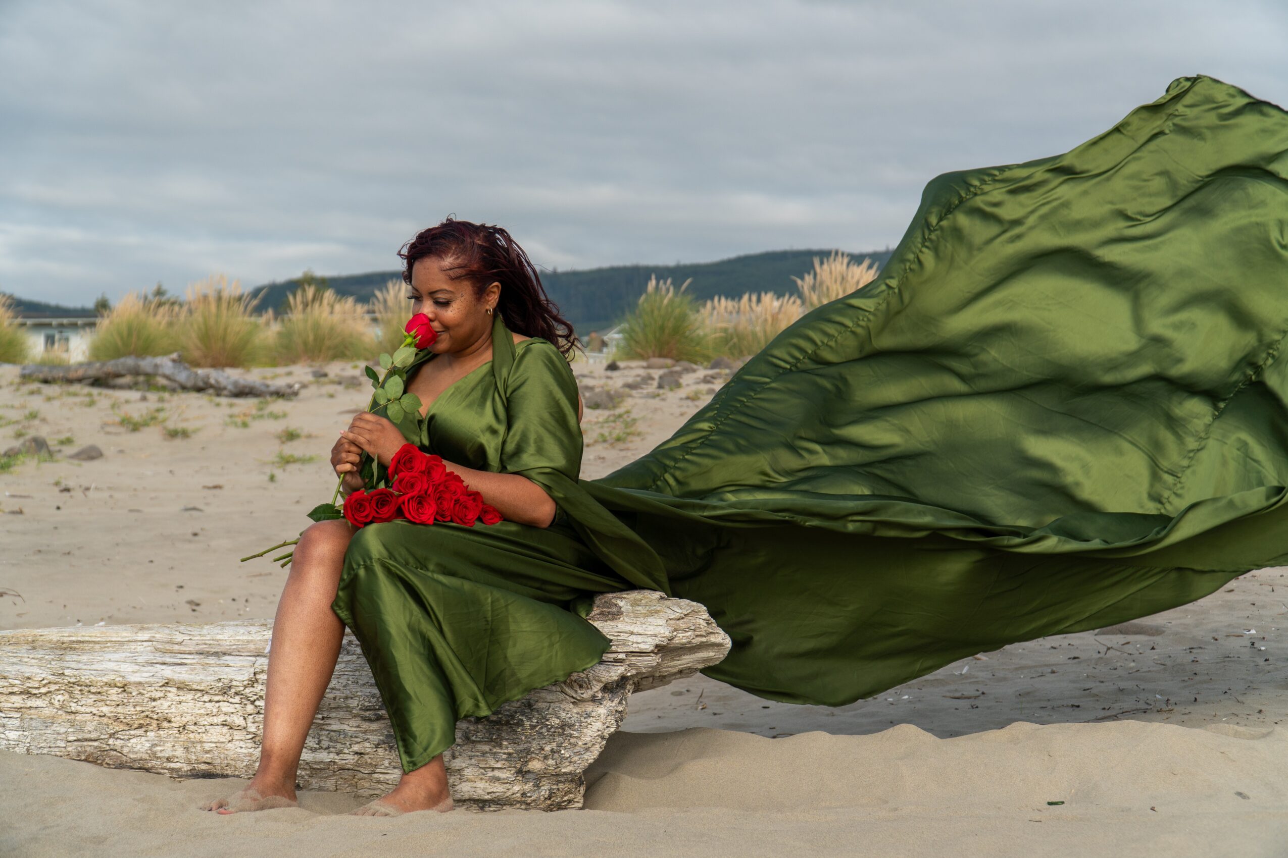 Woman sitting on a log with a flowing green dress on a sandy beach, holding a red flower, with a cloudy sky and distant hills.