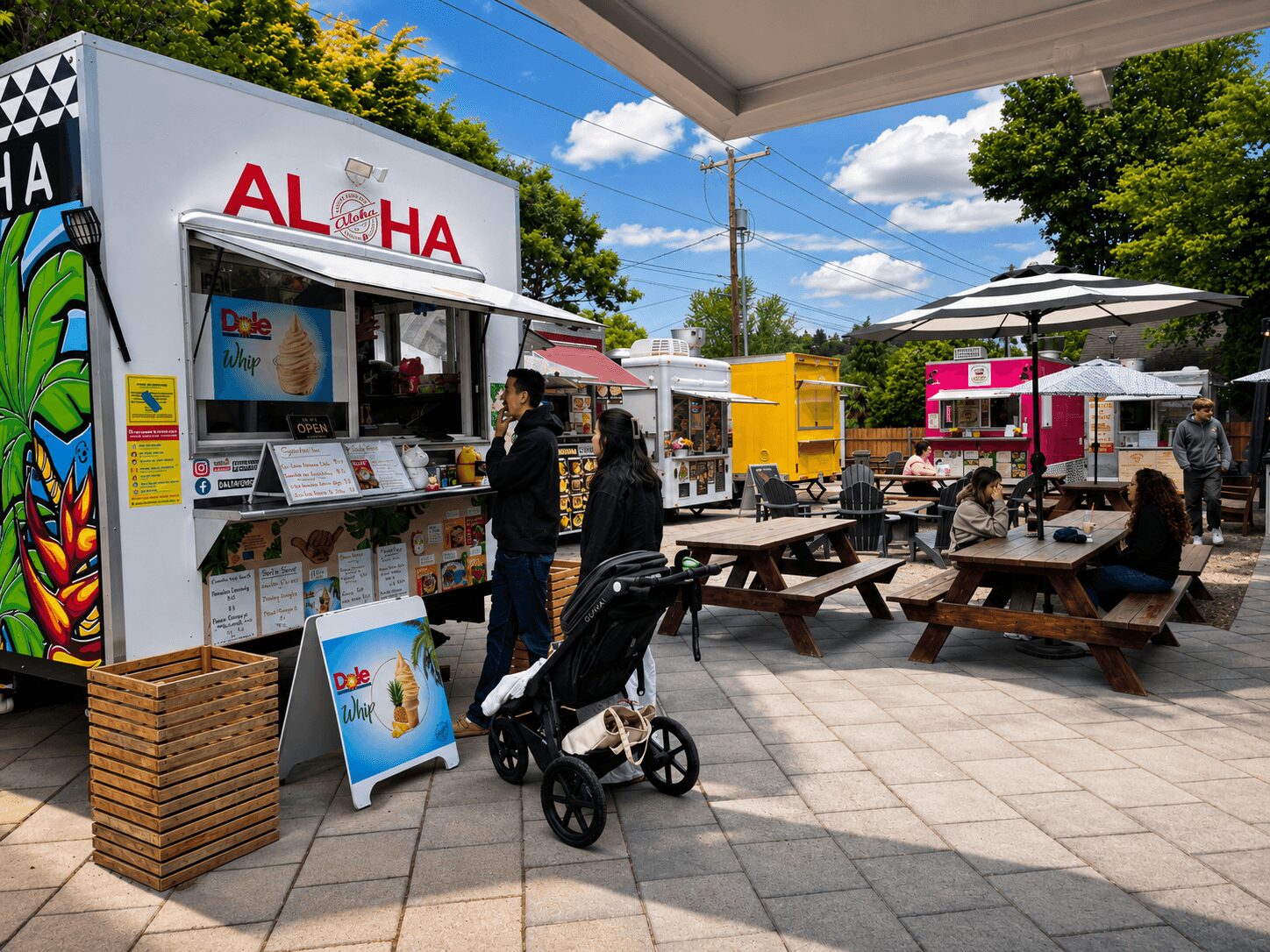 Outdoor seating area with tables, umbrellas, and people, next to a colorful food truck with a sign reading 'AL HA'.