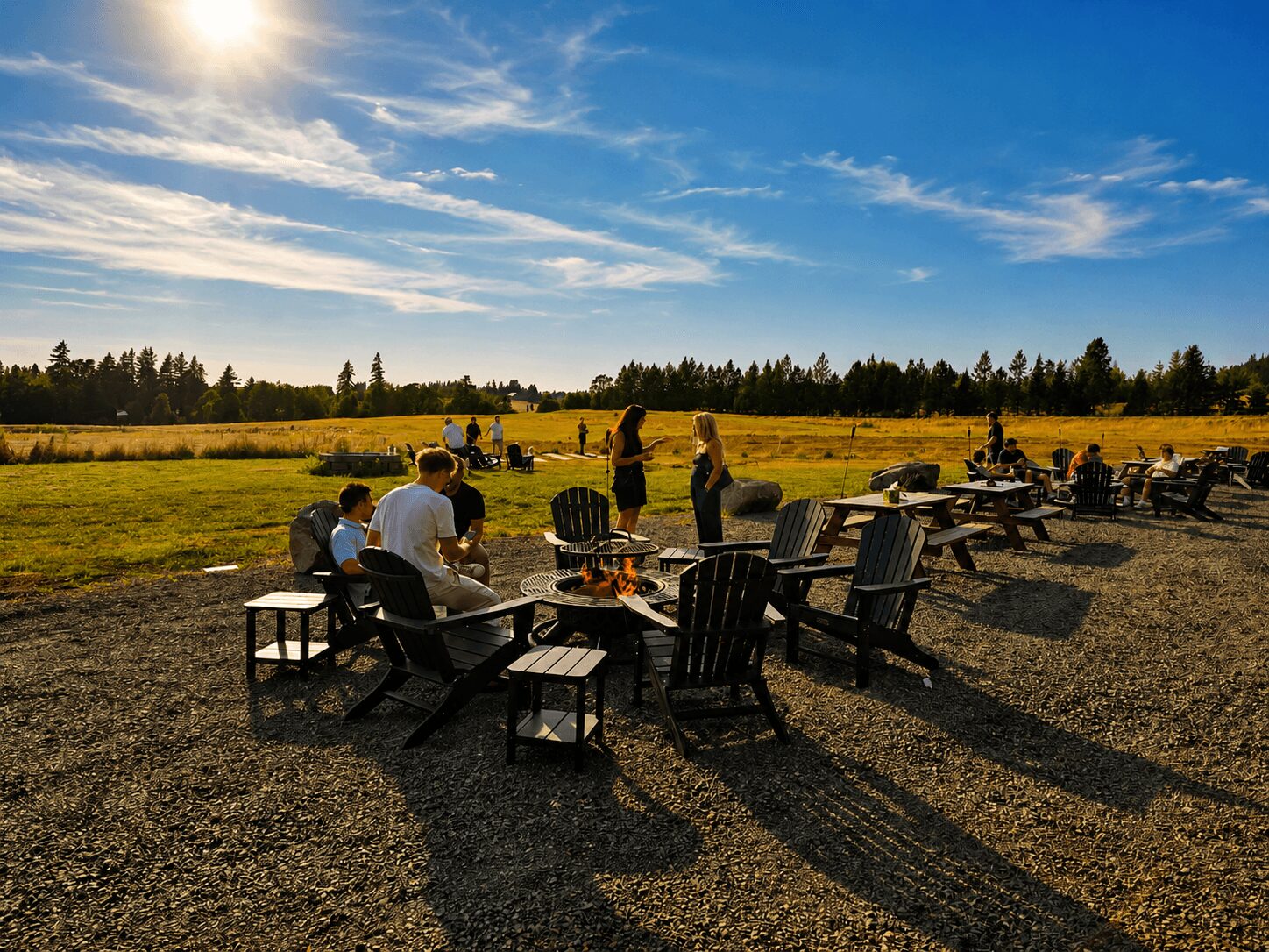 People gather outdoors on chairs and tables in a grassy area under a bright blue sky with clouds, trees in the background.