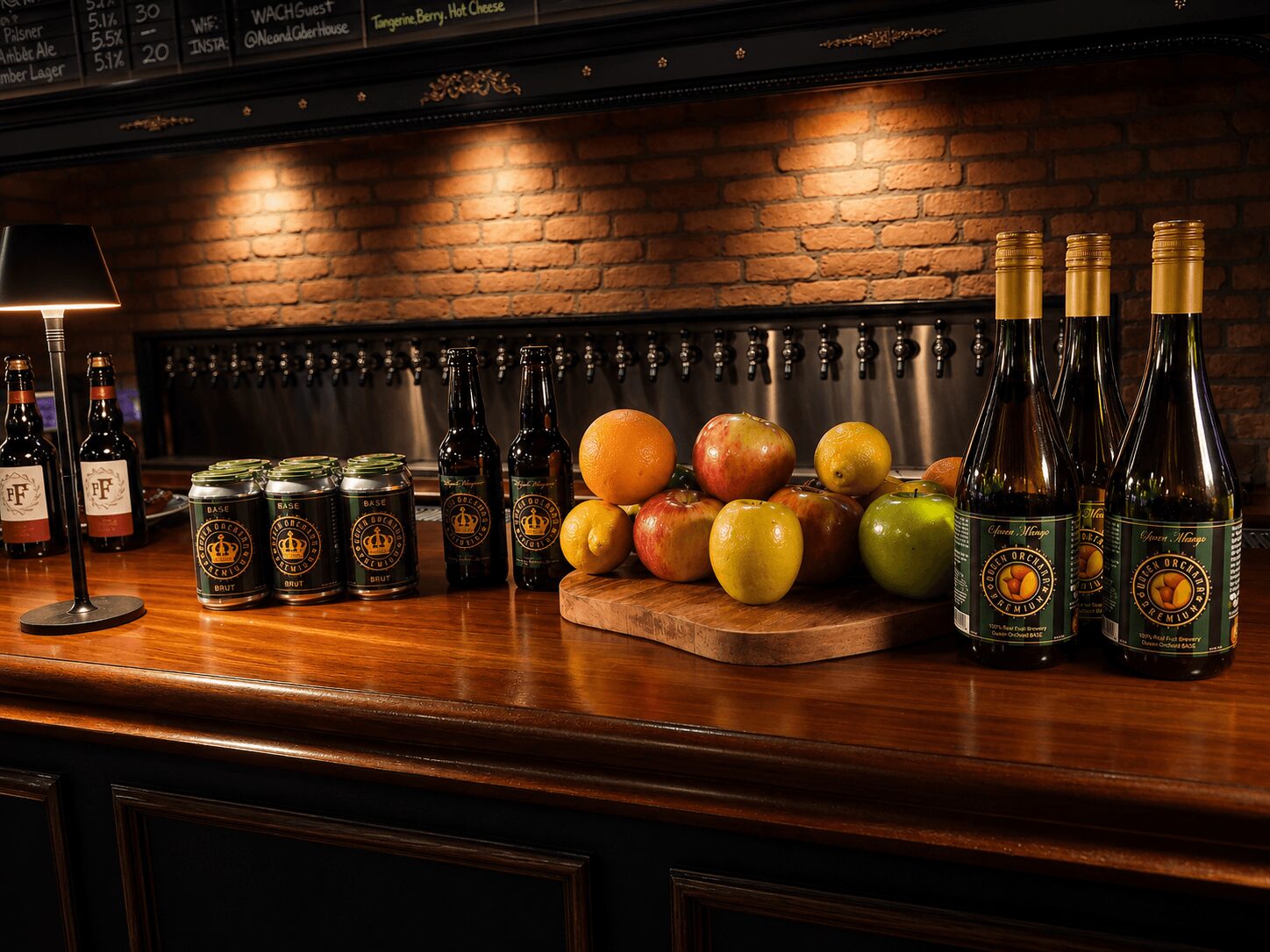Bar counter with bottles, cans, and a wooden tray of apples and oranges, brick wall background, warm lighting.