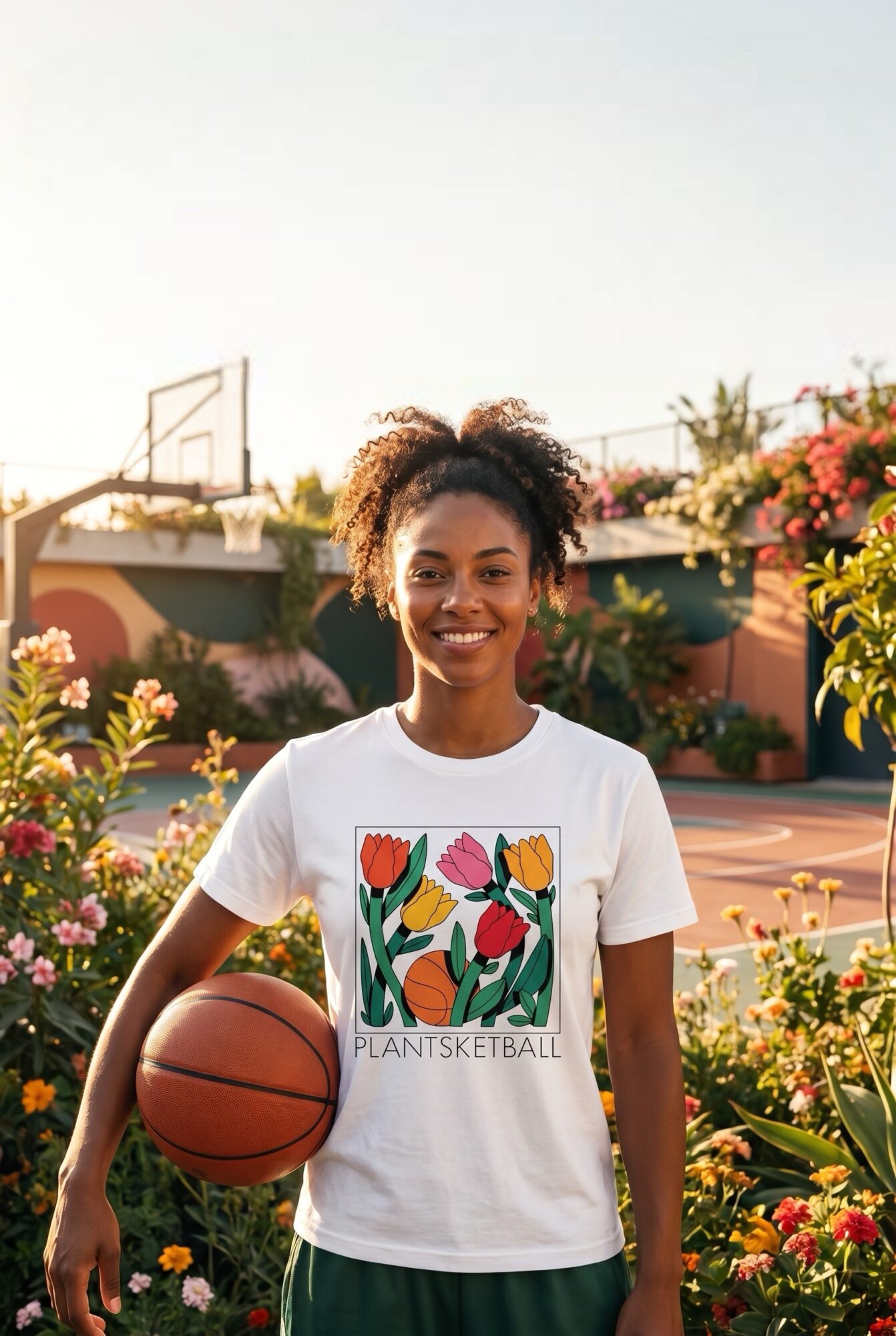 Young woman smiling outdoors holding a basketball, surrounded by colorful flowers and a sports court in the background.
