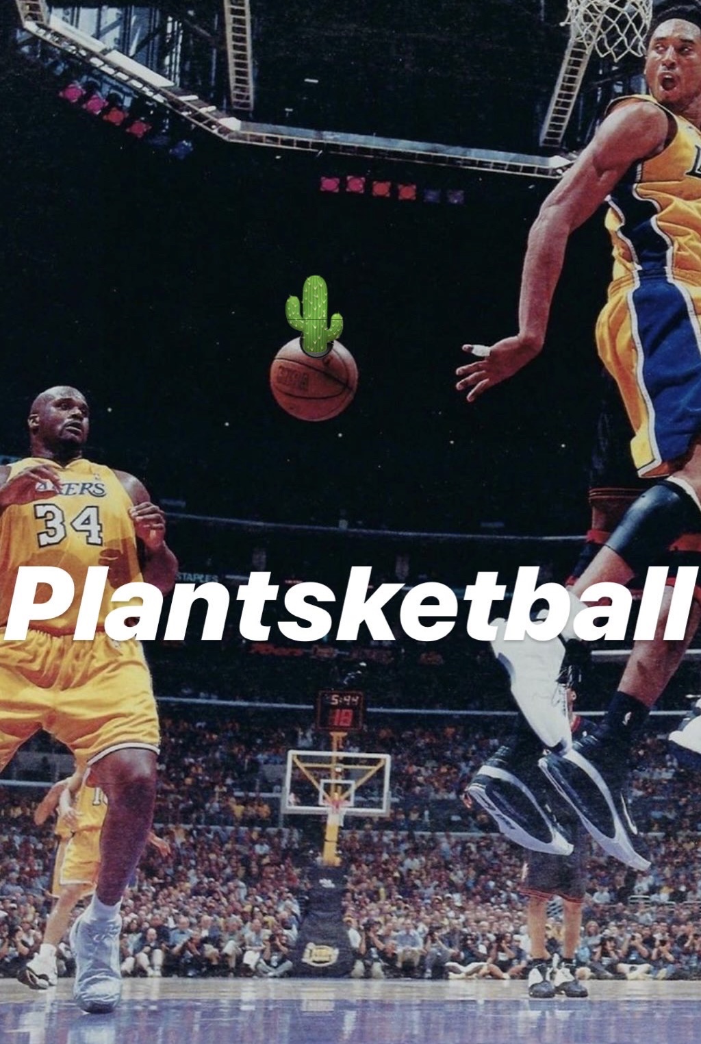 Basketball game with players in yellow uniforms, a basketball with a cactus emoji, and a crowd in the background.