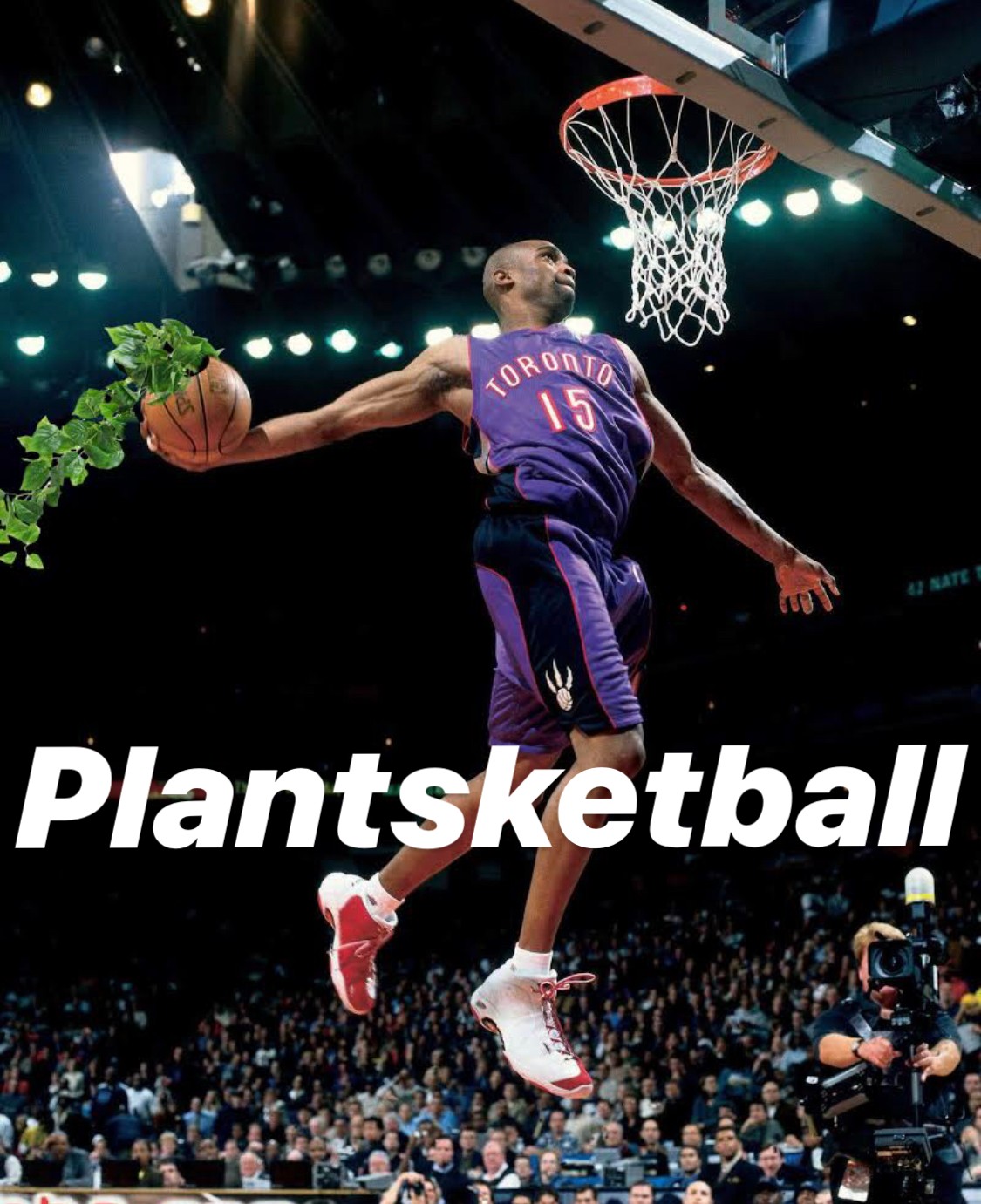 Basketball player in Toronto jersey jumps towards hoop during game, with crowd in background.