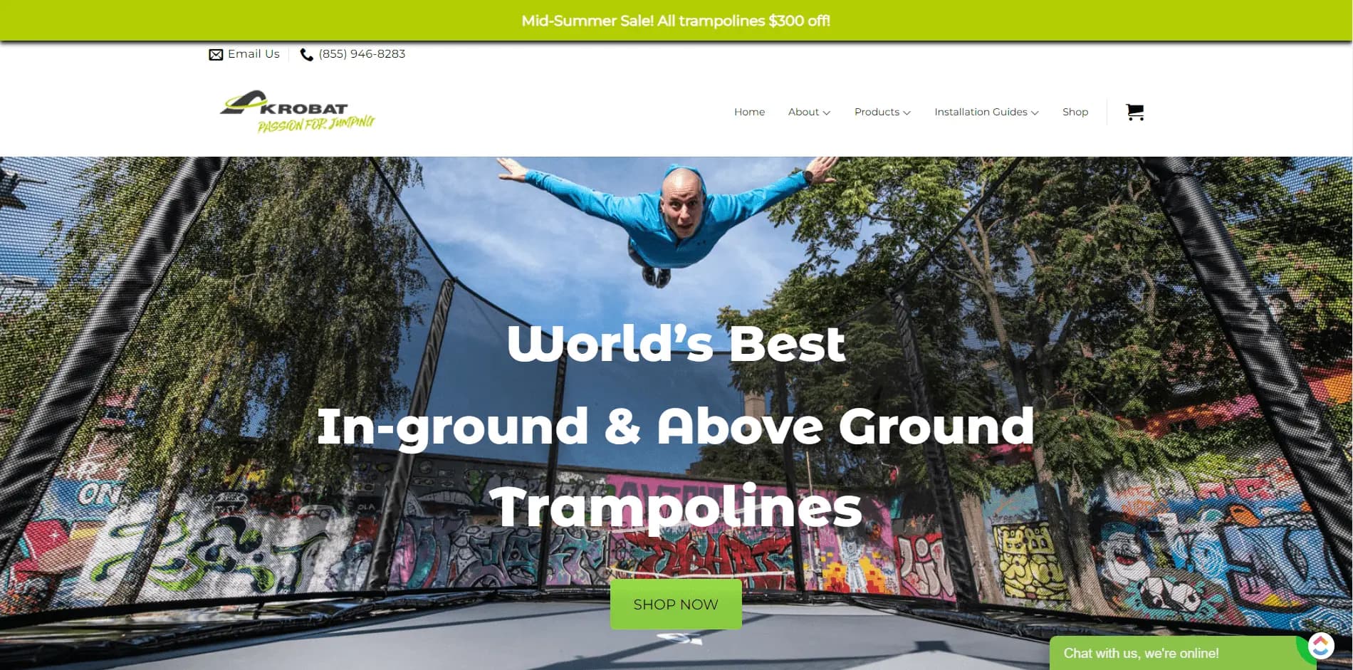 Person jumping on trampoline outdoors with trees and blue sky, promoting world's best in-ground and above ground trampolines.