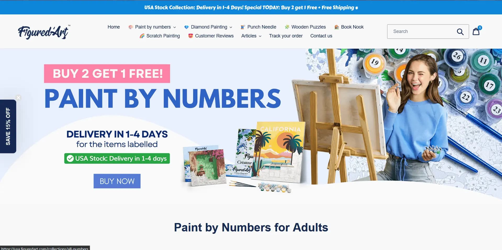 Website banner advertising paint by numbers kits with a woman holding brushes, colorful paint supplies, and a blue background.