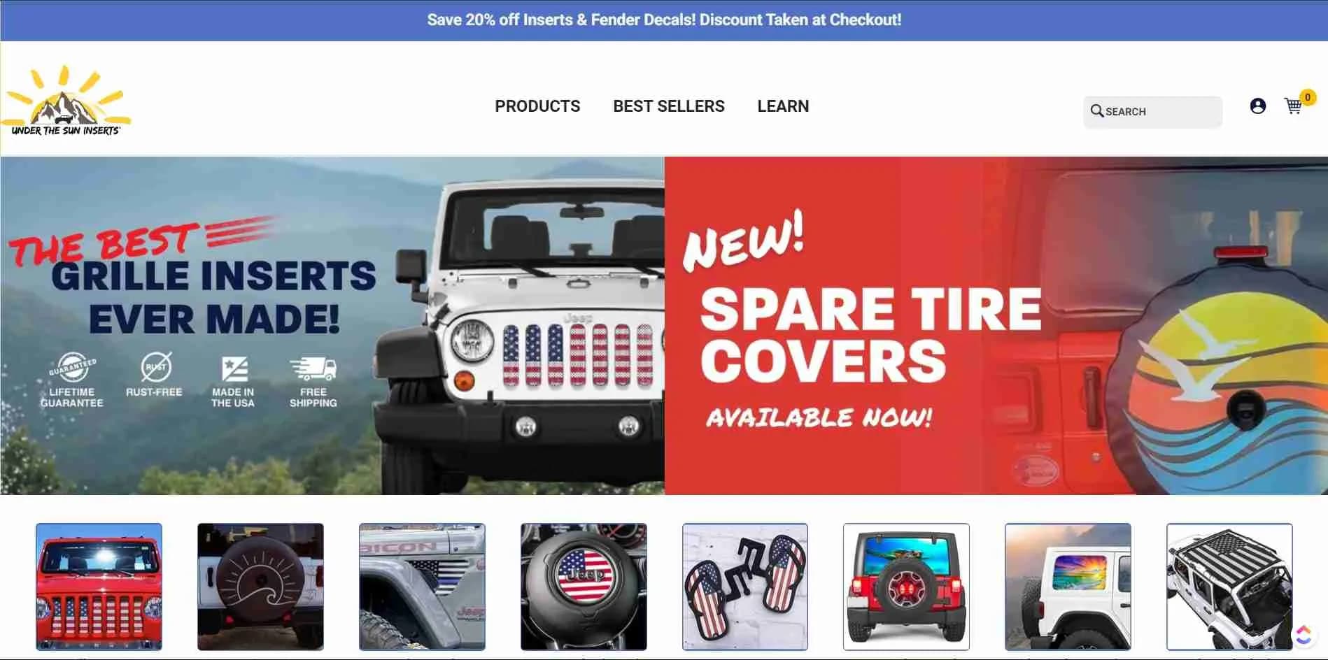Banner advertising spare tire covers with a red background and a car illustration, and a section showing various vehicle accessories.