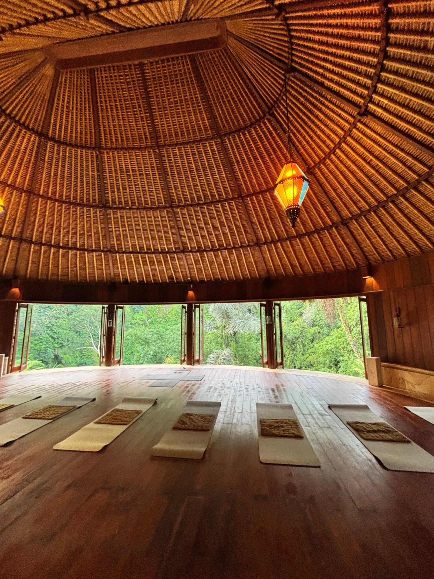 Interior view of a wooden structure with large windows showing green trees outside, wooden benches, and a curved ceiling.