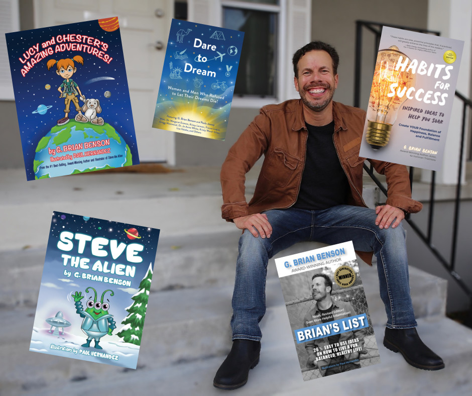 Man sitting on steps surrounded by five book covers, smiling, with a building in the background.