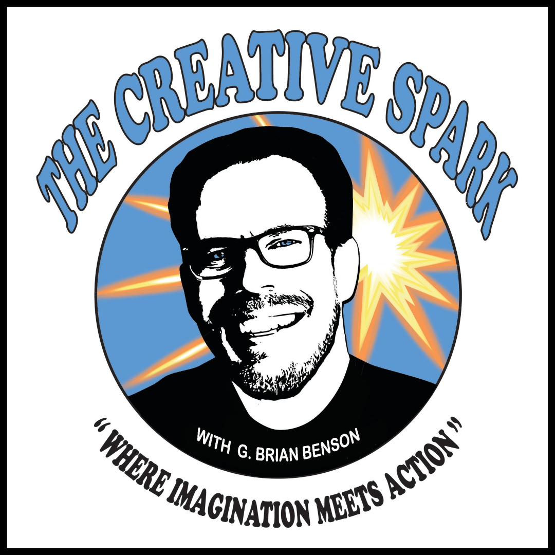 Logo with a smiling man wearing glasses, surrounded by a blue circle, with text above and below, and a starburst background.