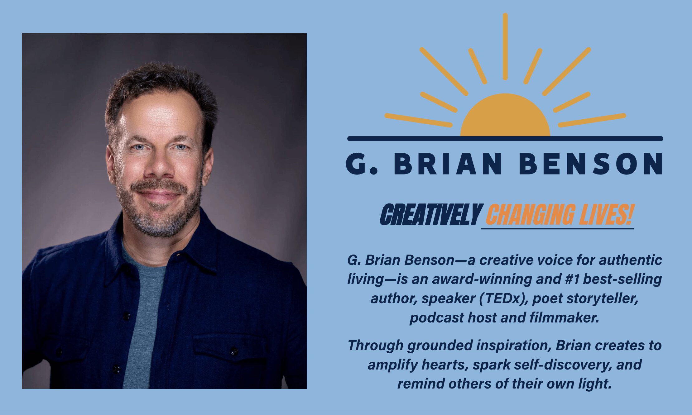 Portrait of G. Brian Benson with a blue background and a sun graphic, text describing his achievements and work.