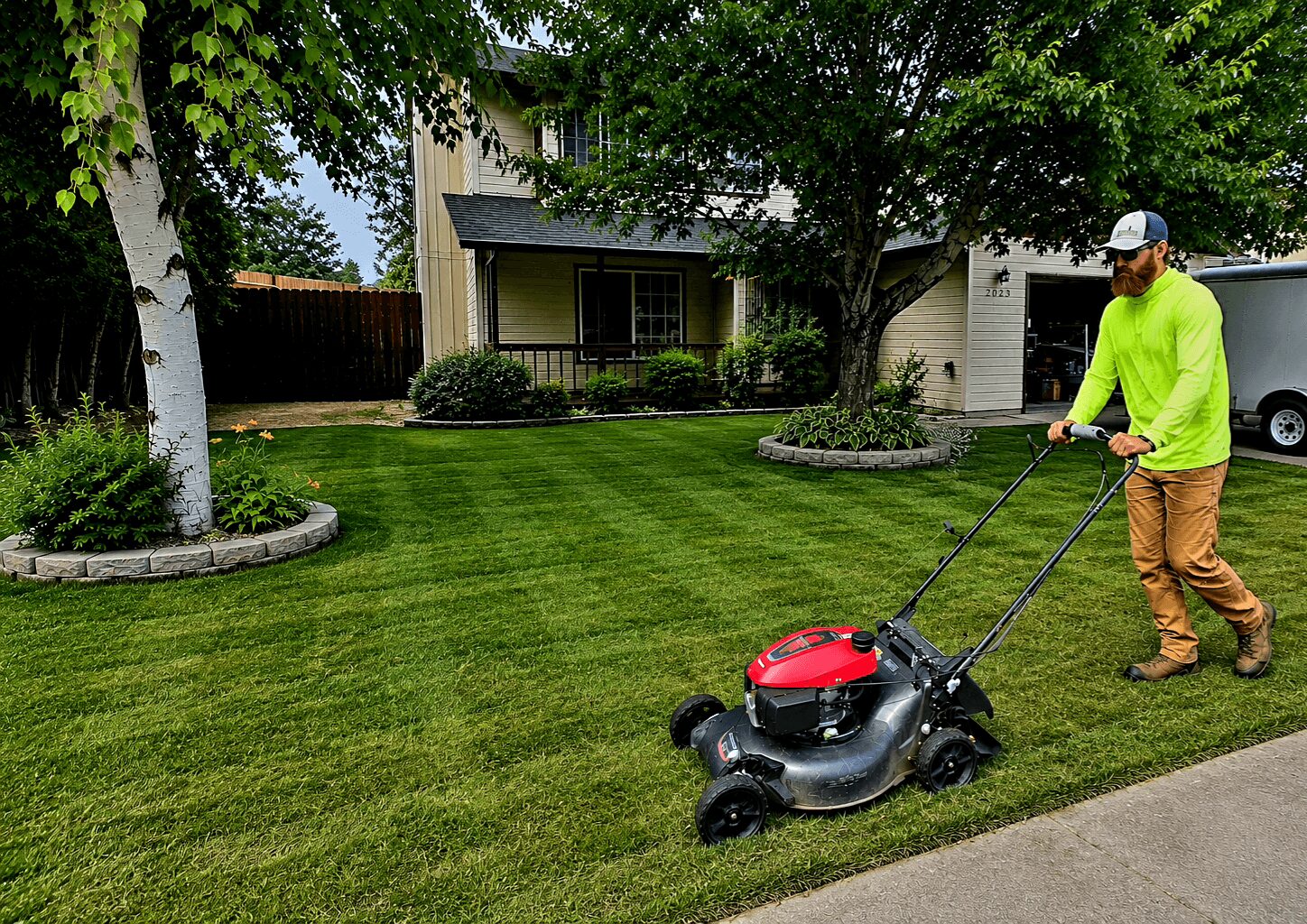 Person in bright yellow shirt mowing a well-maintained lawn with a red and black lawnmower, trees and house in background.