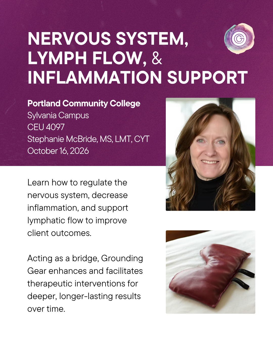 Poster with purple background, white text, and a photo of a smiling woman. Includes a pillow and medical tools. Event details listed.