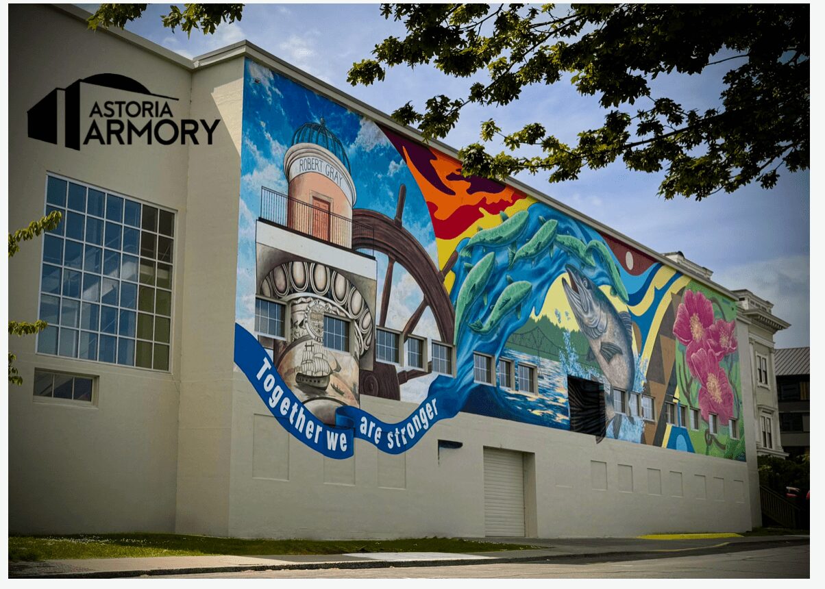Colorful mural on building wall with trees above, featuring abstract shapes and a pink flower, with 'Astoria Armory' sign.
