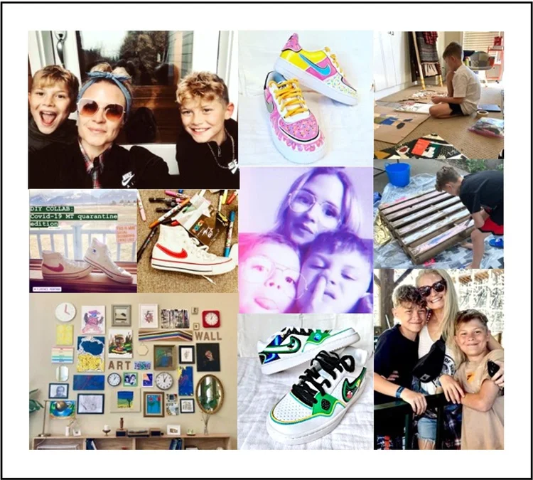 Group of children smiling, sneakers, art supplies, and a wall decorated with artwork, with a child working on a project.