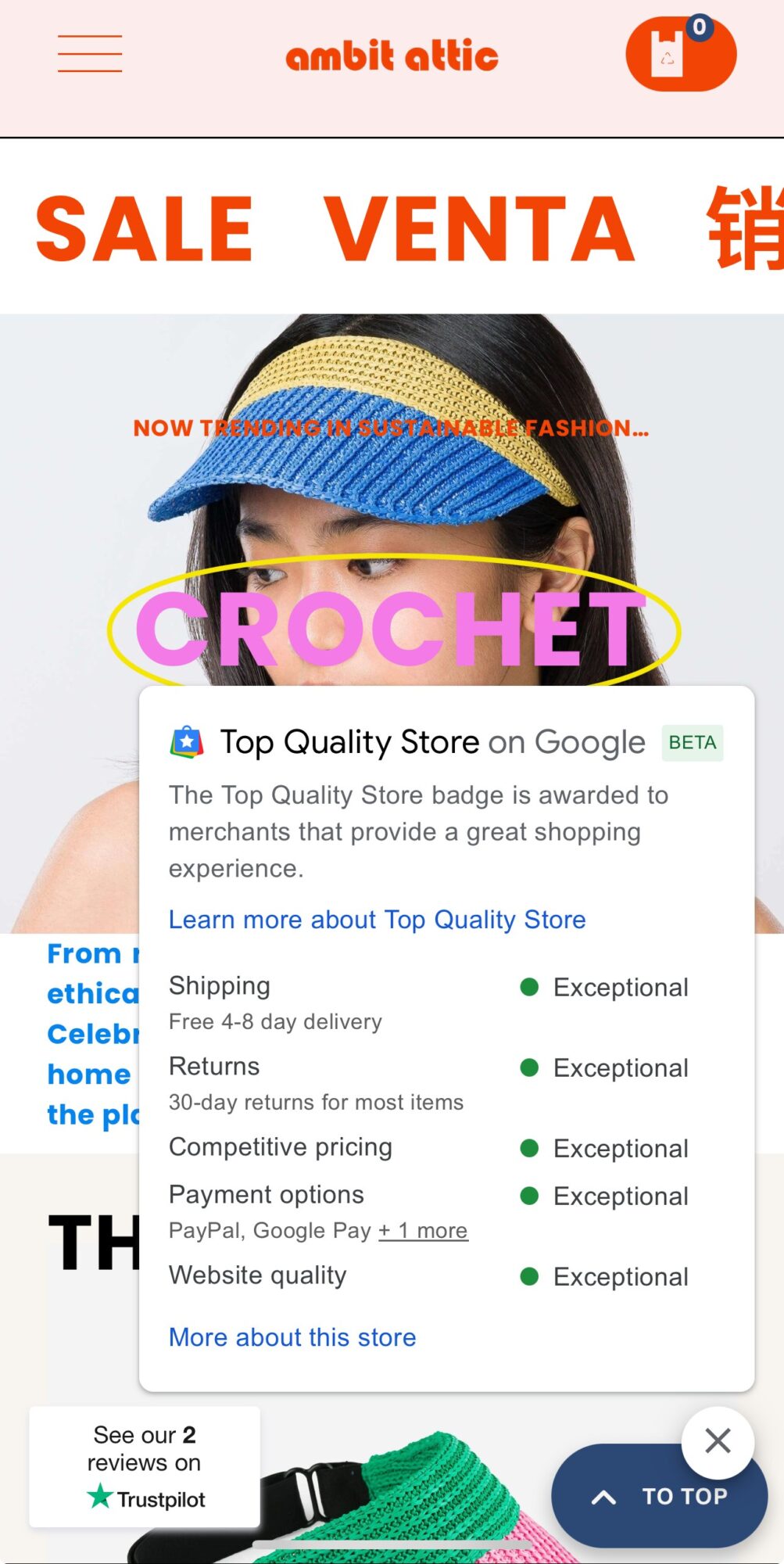 Mobile screen displaying a shopping app with sale banners, a woman wearing a visor, and product details.
