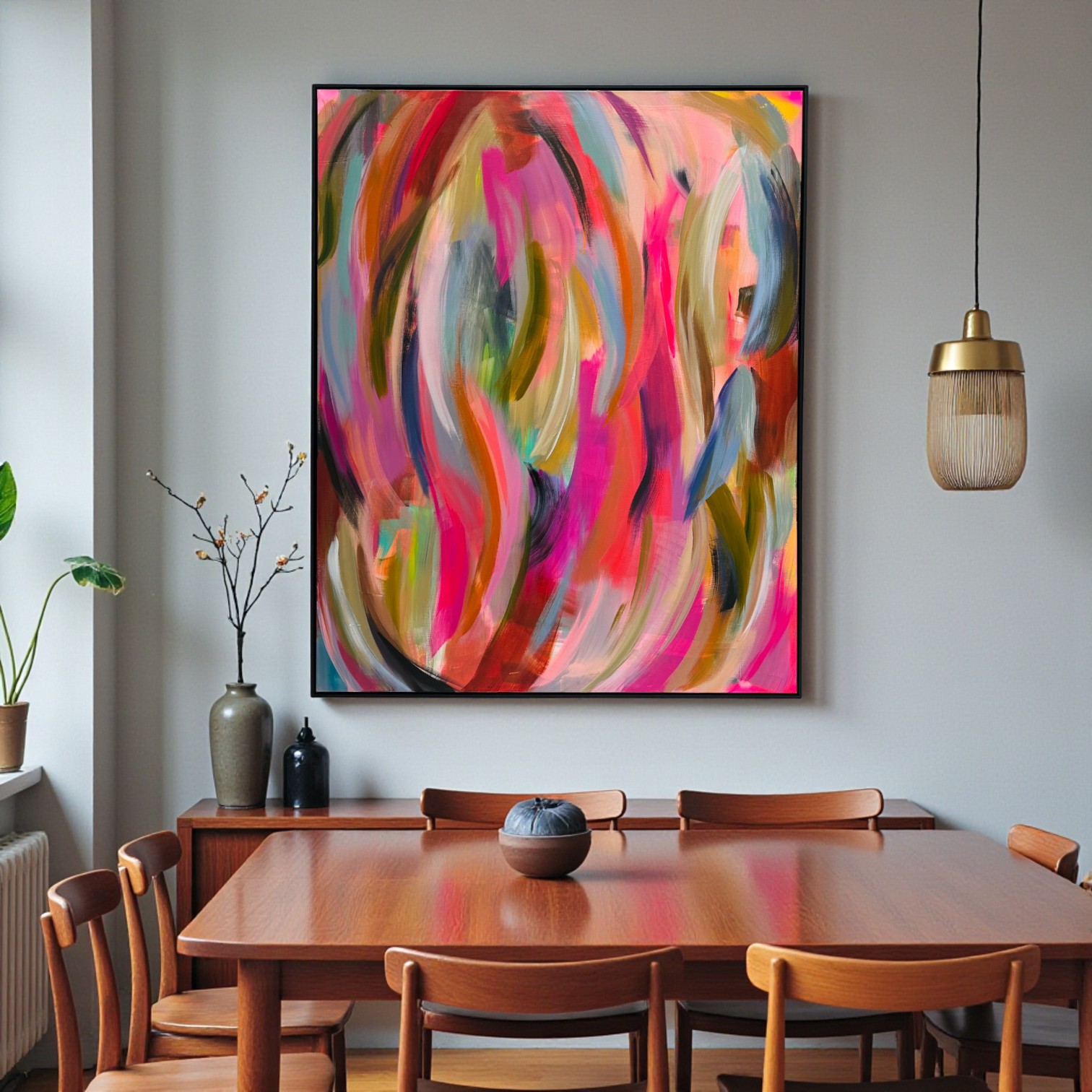 Dining room with a wooden table, chairs, colorful abstract painting, hanging light, and potted plant, with a window on the left.