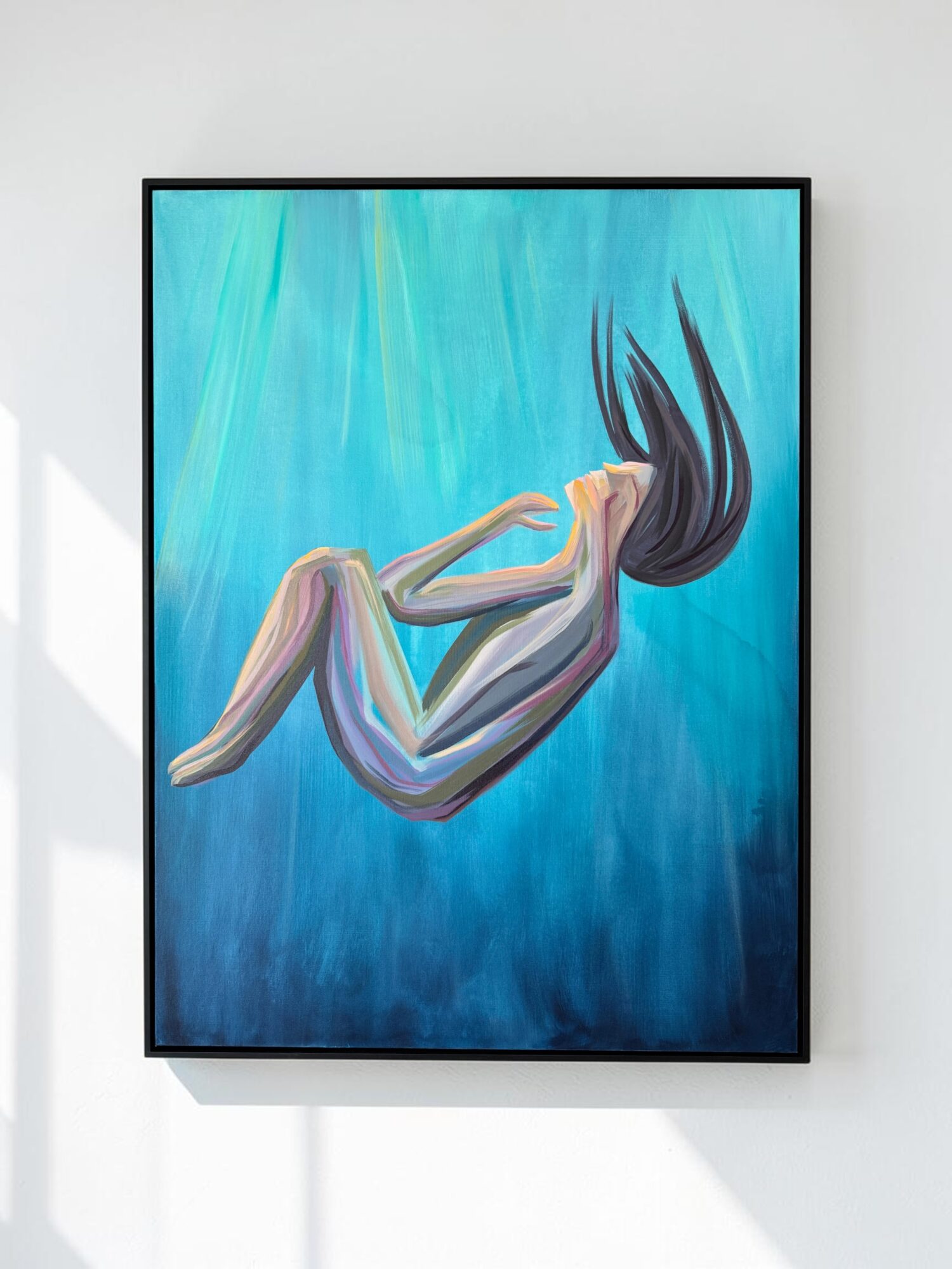 Painting of a person with long hair floating in a blue background, with arms wrapped around knees.