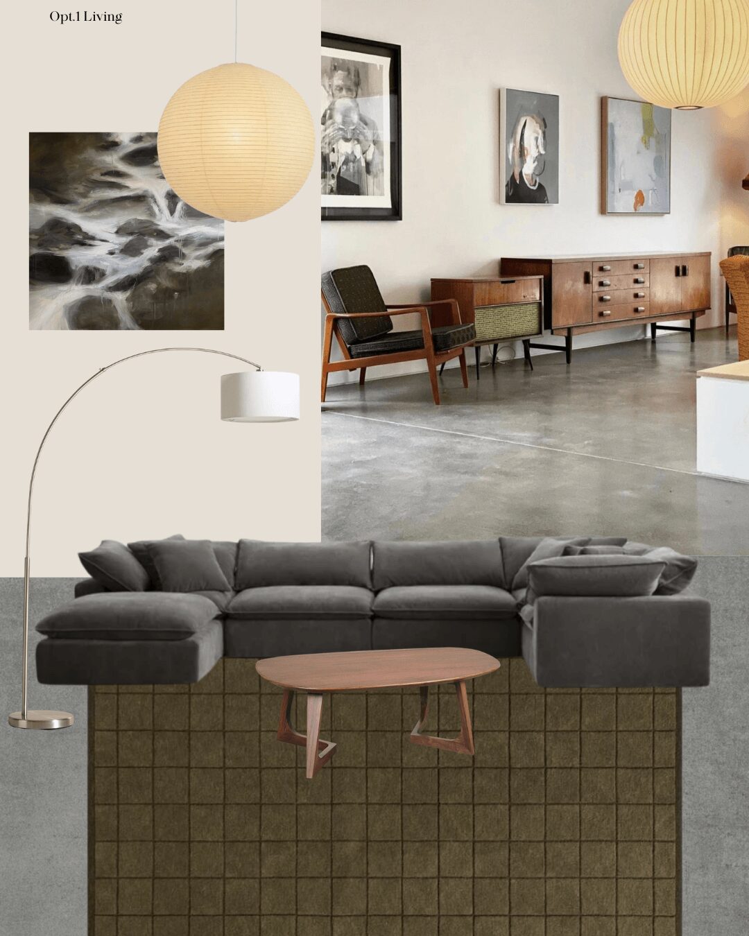 Living room with a gray sectional sofa, wooden coffee table, wall art, and pendant lights, with a polished concrete floor.