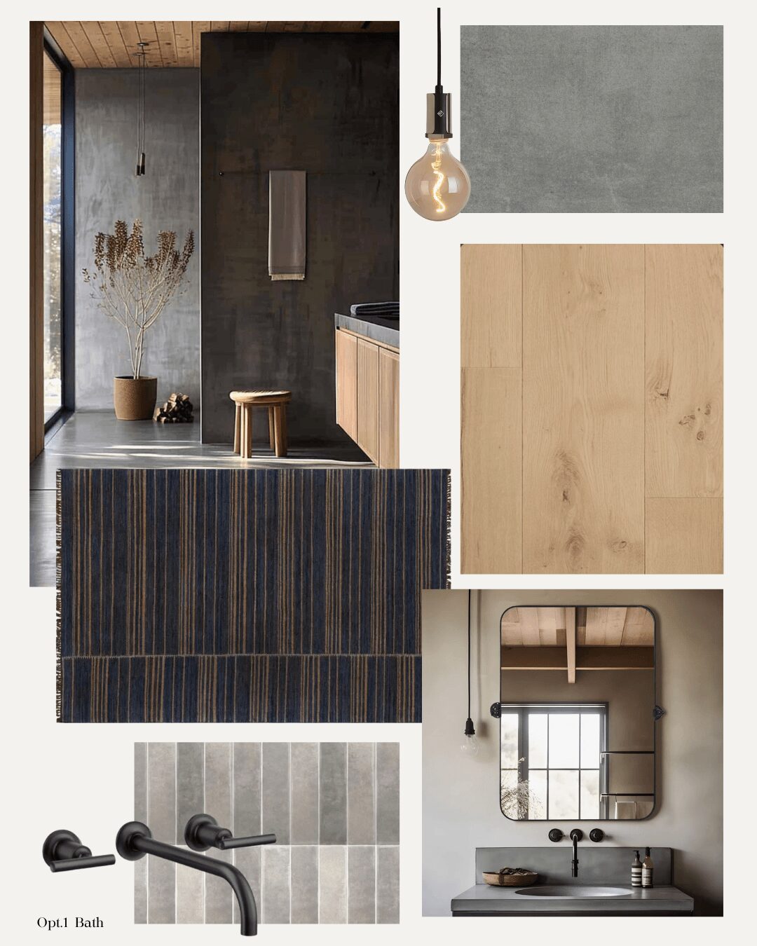 Collage of interior design elements including a bathroom, light bulb, color swatches, and a mirror with sink.