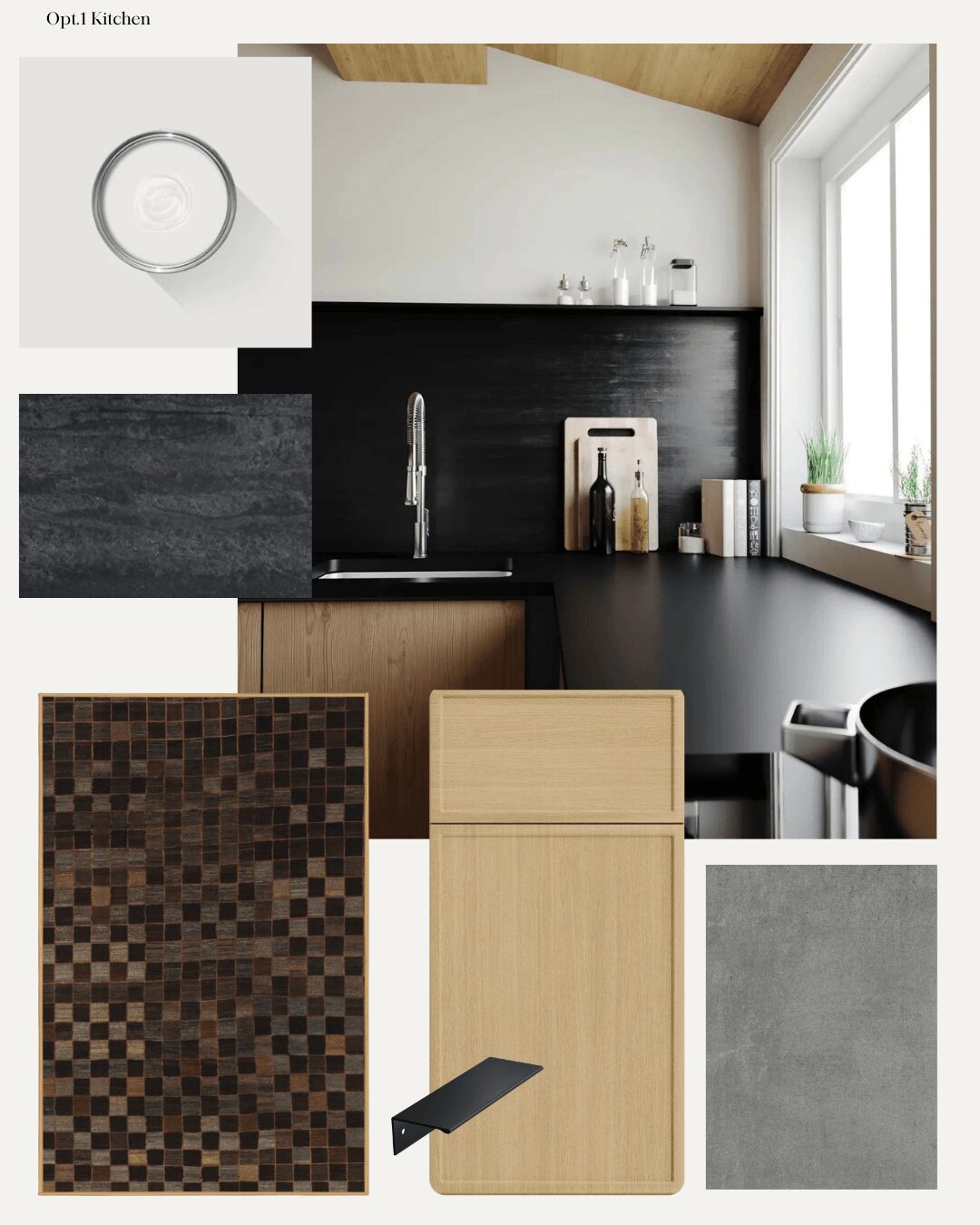 Kitchen with black countertop, wooden ceiling, and window; various materials and textures including black, gray, and wood finishes.