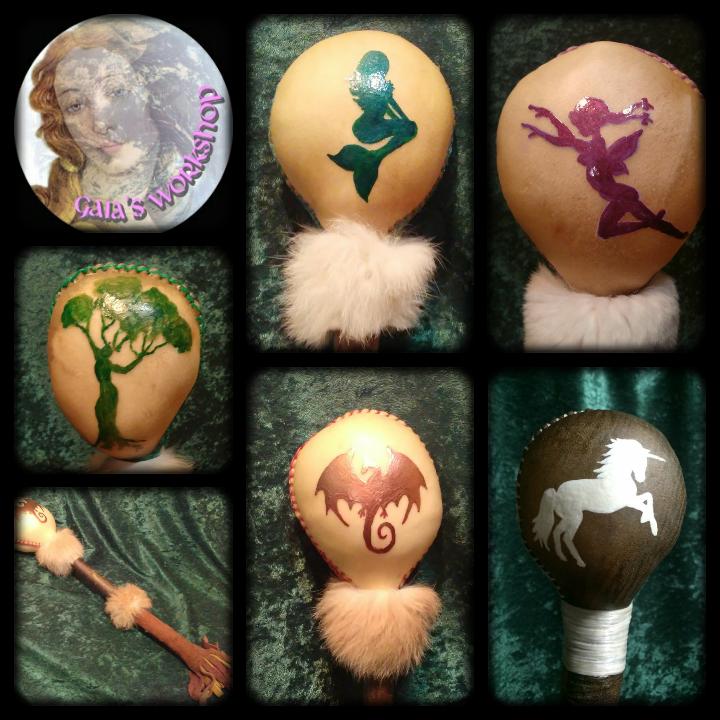 Decorative eggs with fairy, mermaid, dragon, tree, and unicorn designs, displayed on green fabric with a wand. Alt text word count: 20.
