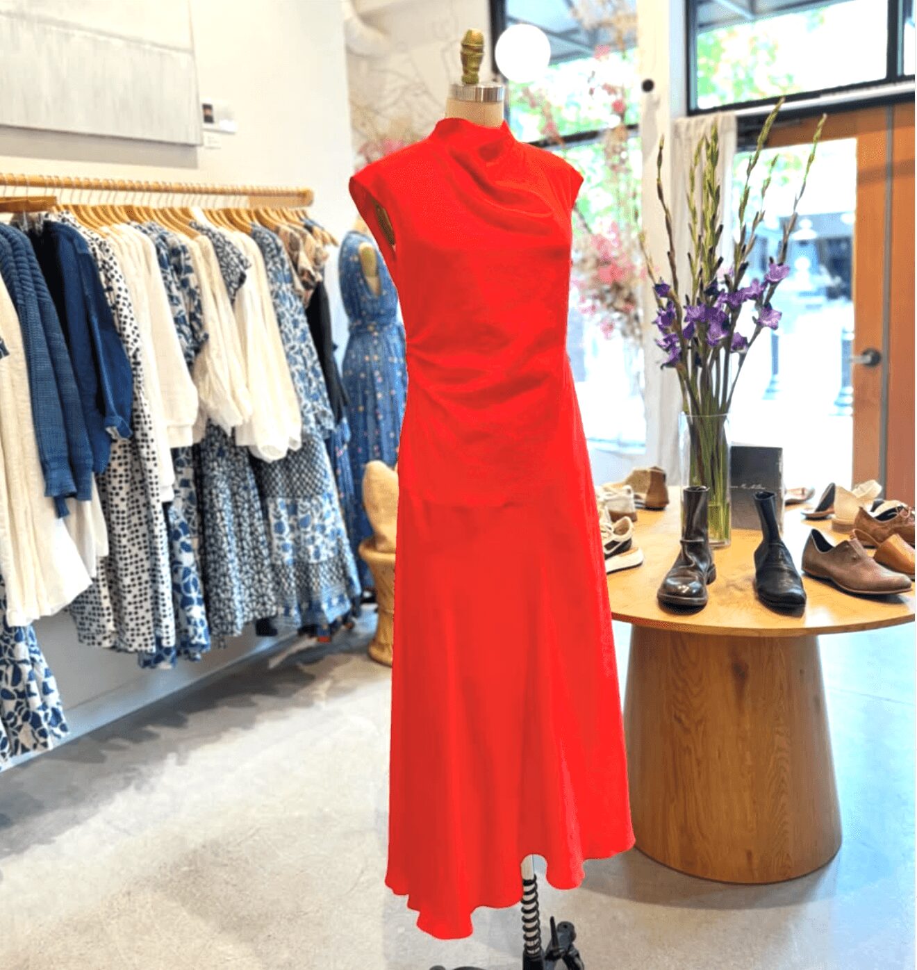 Red sleeveless dress on a mannequin in a clothing store with shoes and flowers nearby.
