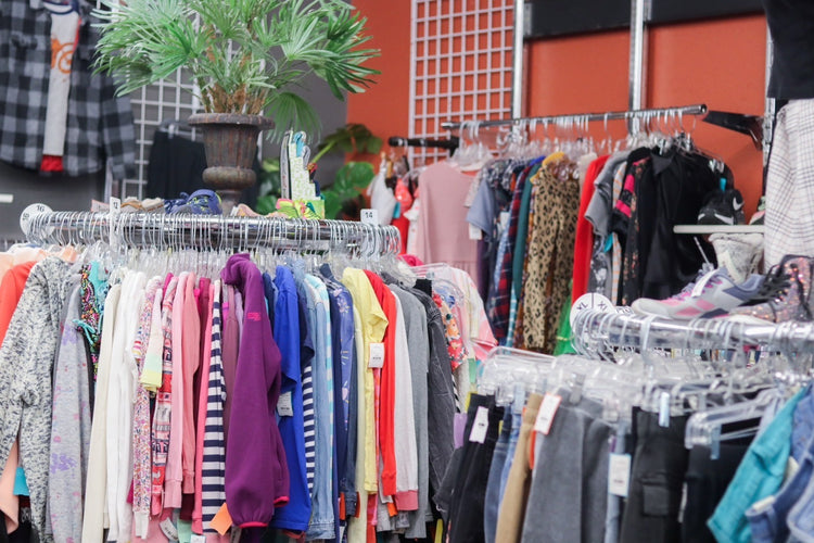Clothing racks with colorful garments in a store, with a potted plant and people in the background.