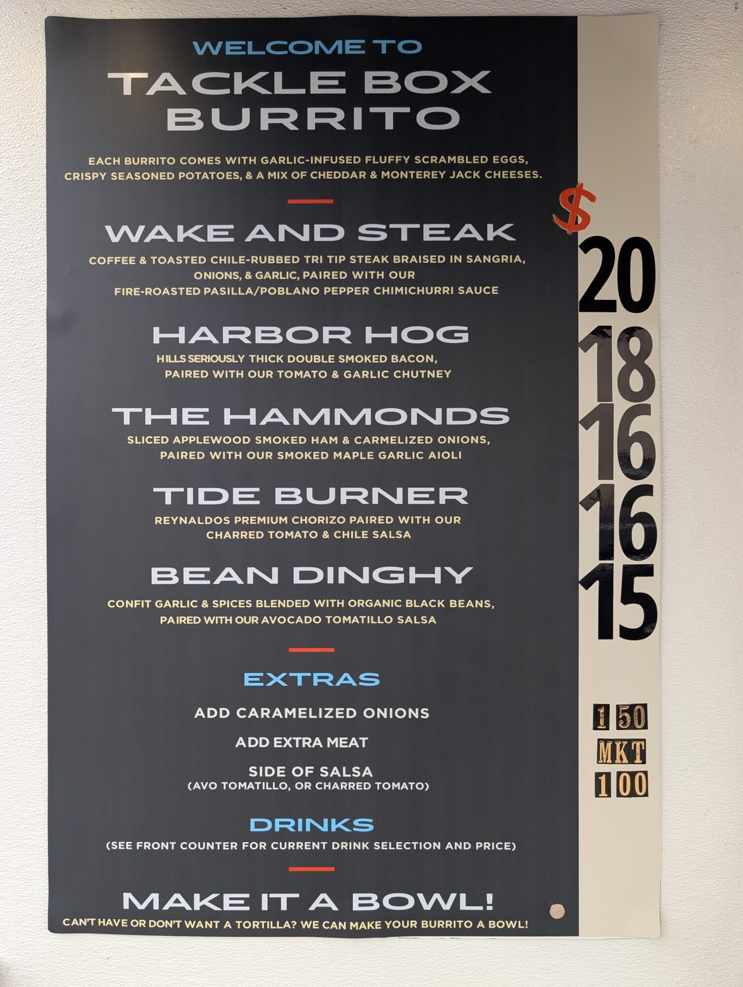 Menu board with food items and prices, including steak, burger, and extras, with a black background and white text.