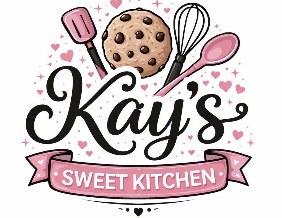 Logo with a cookie, whisk, spatula, and spoon above the text 'Kay's' and 'Sweet Kitchen' on a pink banner, surrounded by hearts.