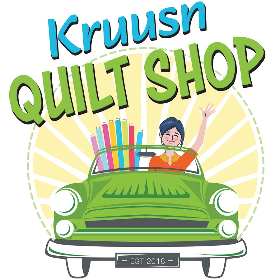 A woman in a car with colorful quilting supplies, smiling and waving, with a bright yellow background and text. Word count: 20